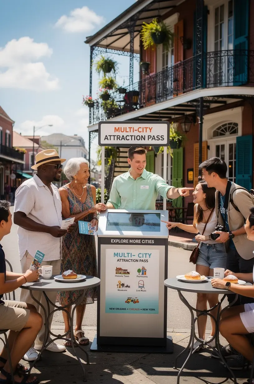 Изображение терминала с интерактивным киоском для покупки многогородского туристического пропуска в США.