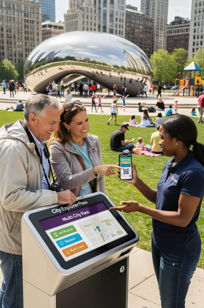 Фотография туристов, использующих пропуск для посещения популярных достопримечательностей нескольких городов США.